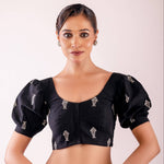 Black and White Puff Sleeve Cotton Blouse with Fish Motif Design - Anvi Couture