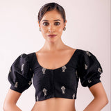 Black and White Puff Sleeve Cotton Blouse with Fish Motif Design - Anvi Couture