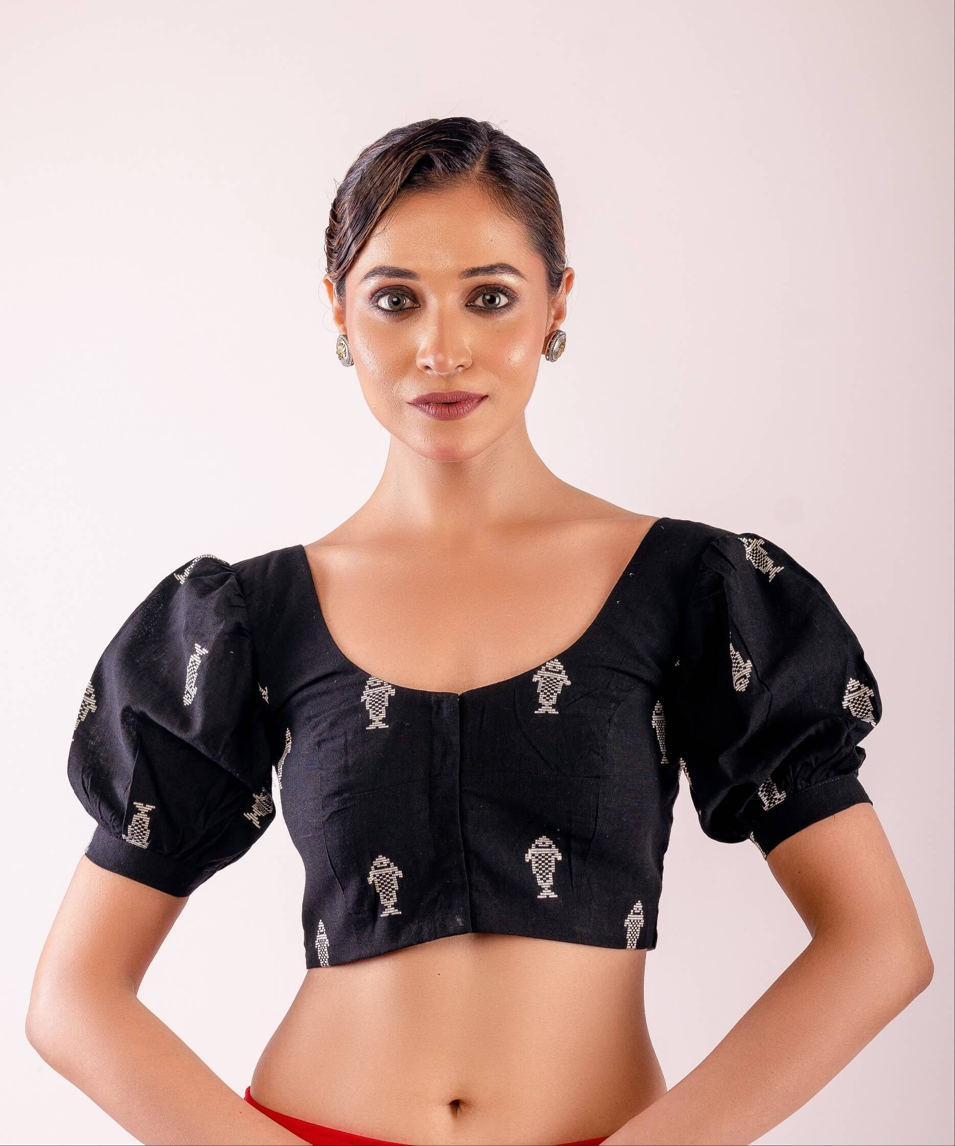 Black and White Puff Sleeve Cotton Blouse with Fish Motif Design - Anvi Couture