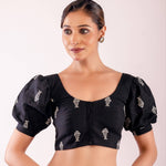Black and White Puff Sleeve Cotton Blouse with Fish Motif Design - Anvi Couture
