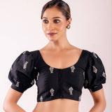Black and White Puff Sleeve Cotton Blouse with Fish Motif Design - Anvi Couture