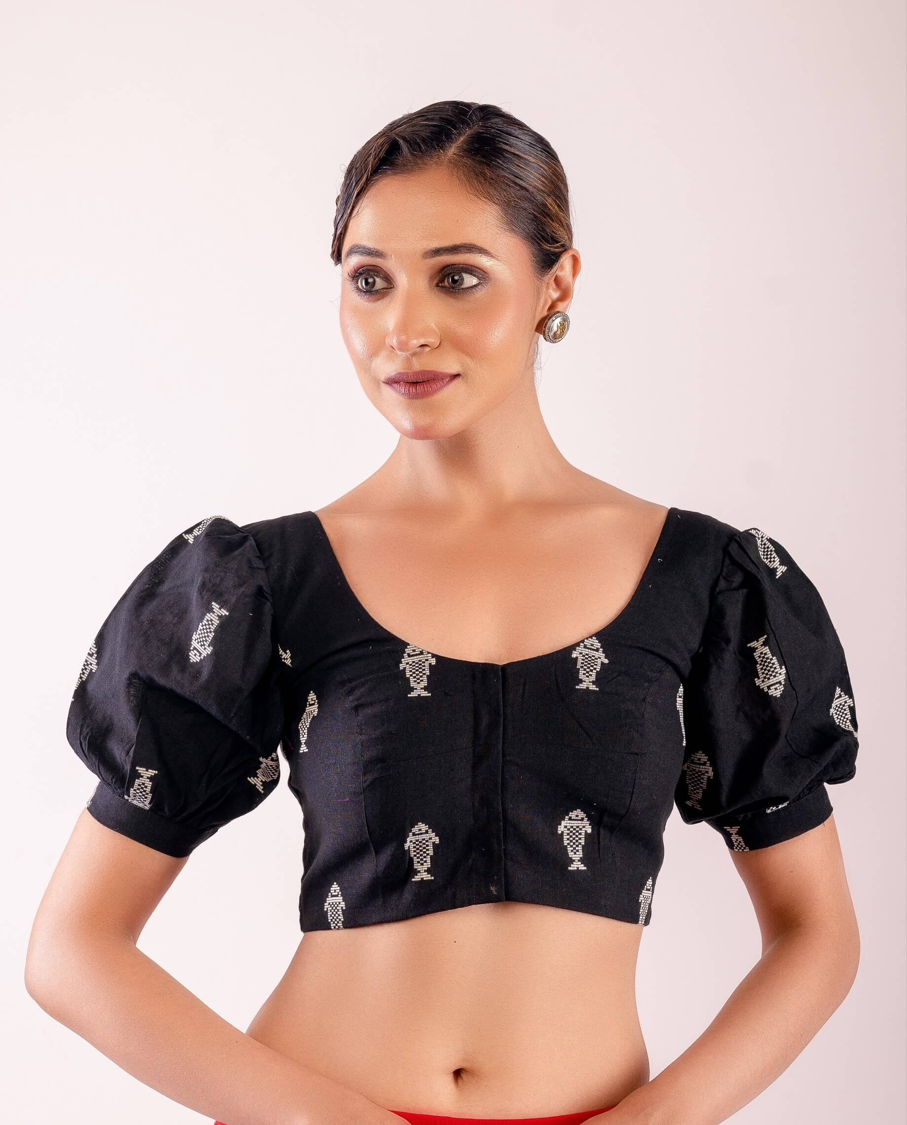 Black and White Puff Sleeve Cotton Blouse with Fish Motif Design - Anvi Couture