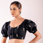Black and White Puff Sleeve Cotton Blouse with Fish Motif Design - Anvi Couture