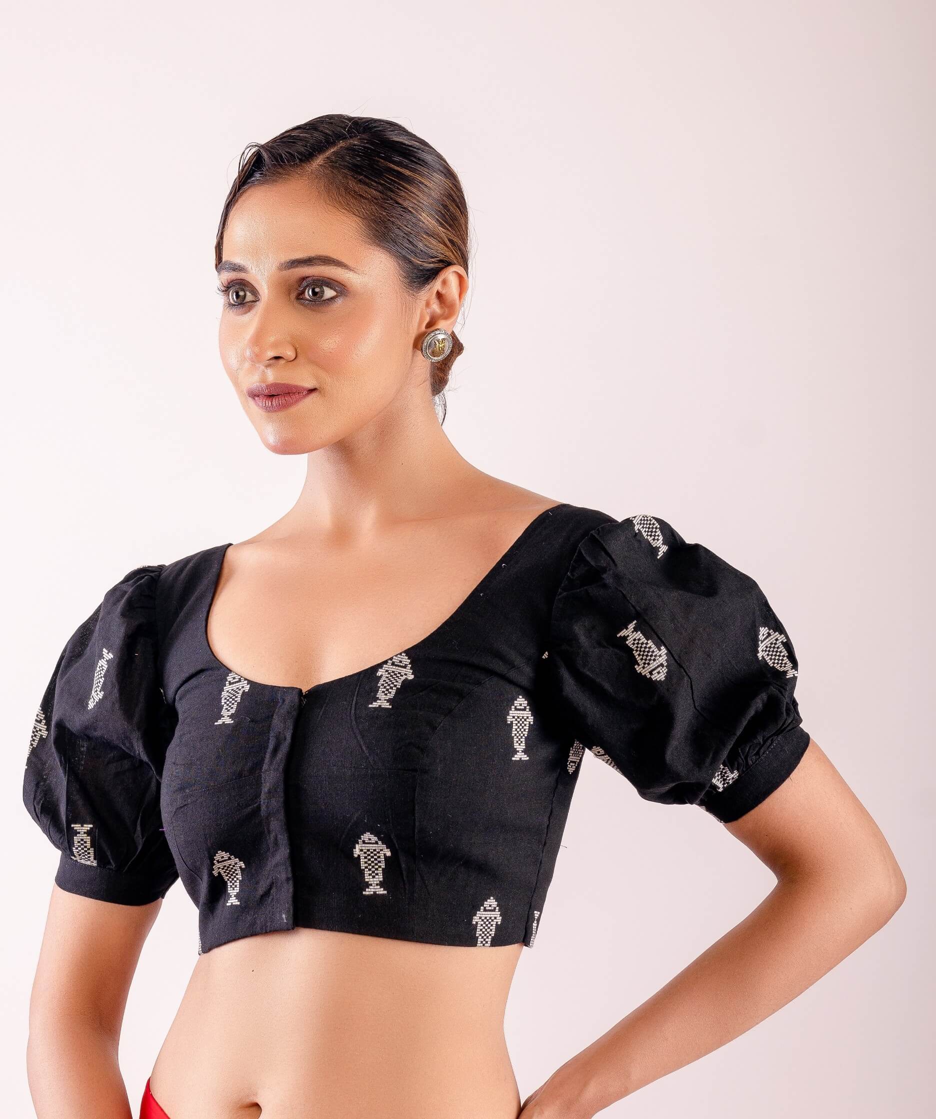 Black and White Puff Sleeve Cotton Blouse with Fish Motif Design - Anvi Couture
