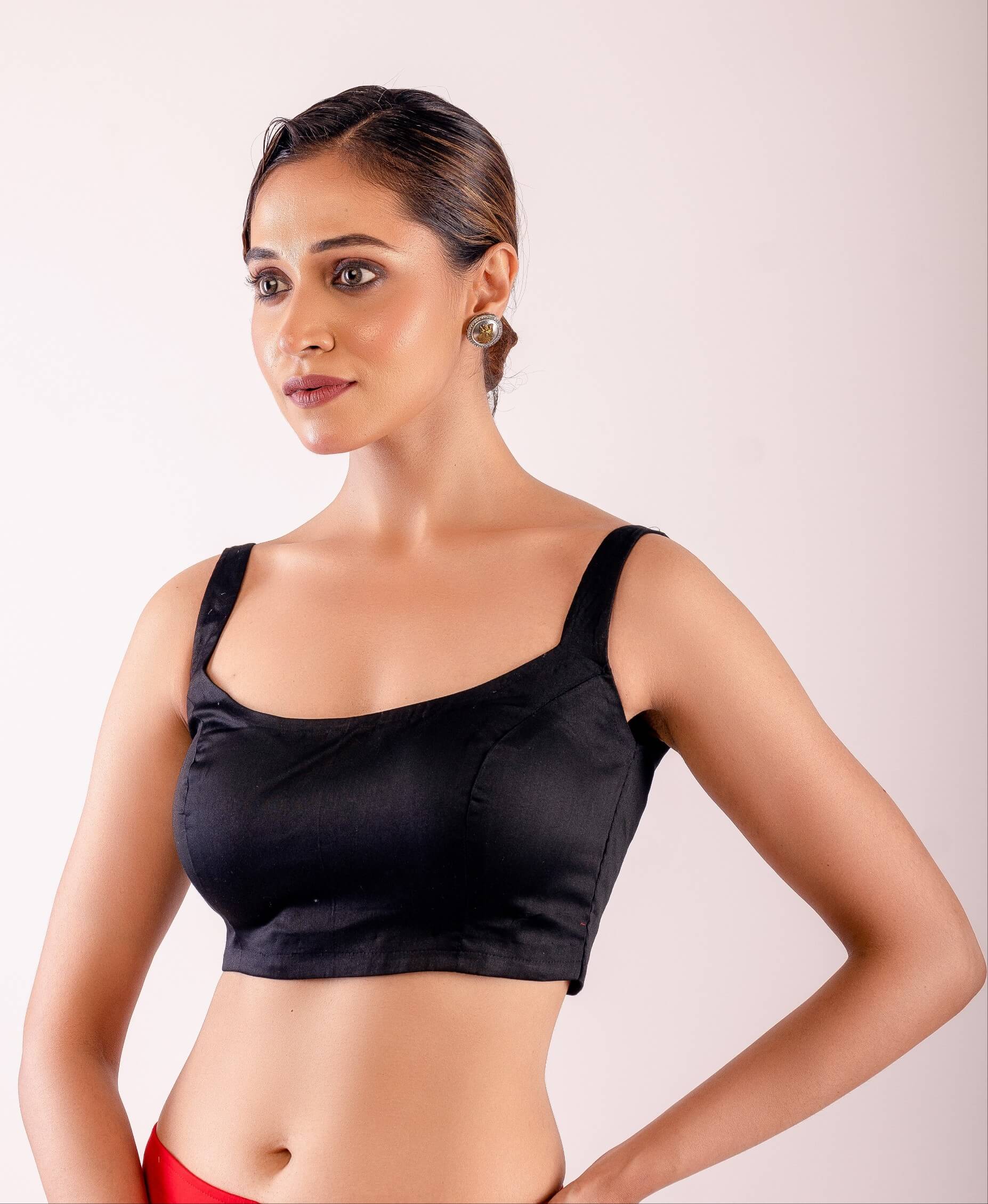 Black Sleeveless Blouse in Cotton Silk with Back Hook Closure - Anvi Couture