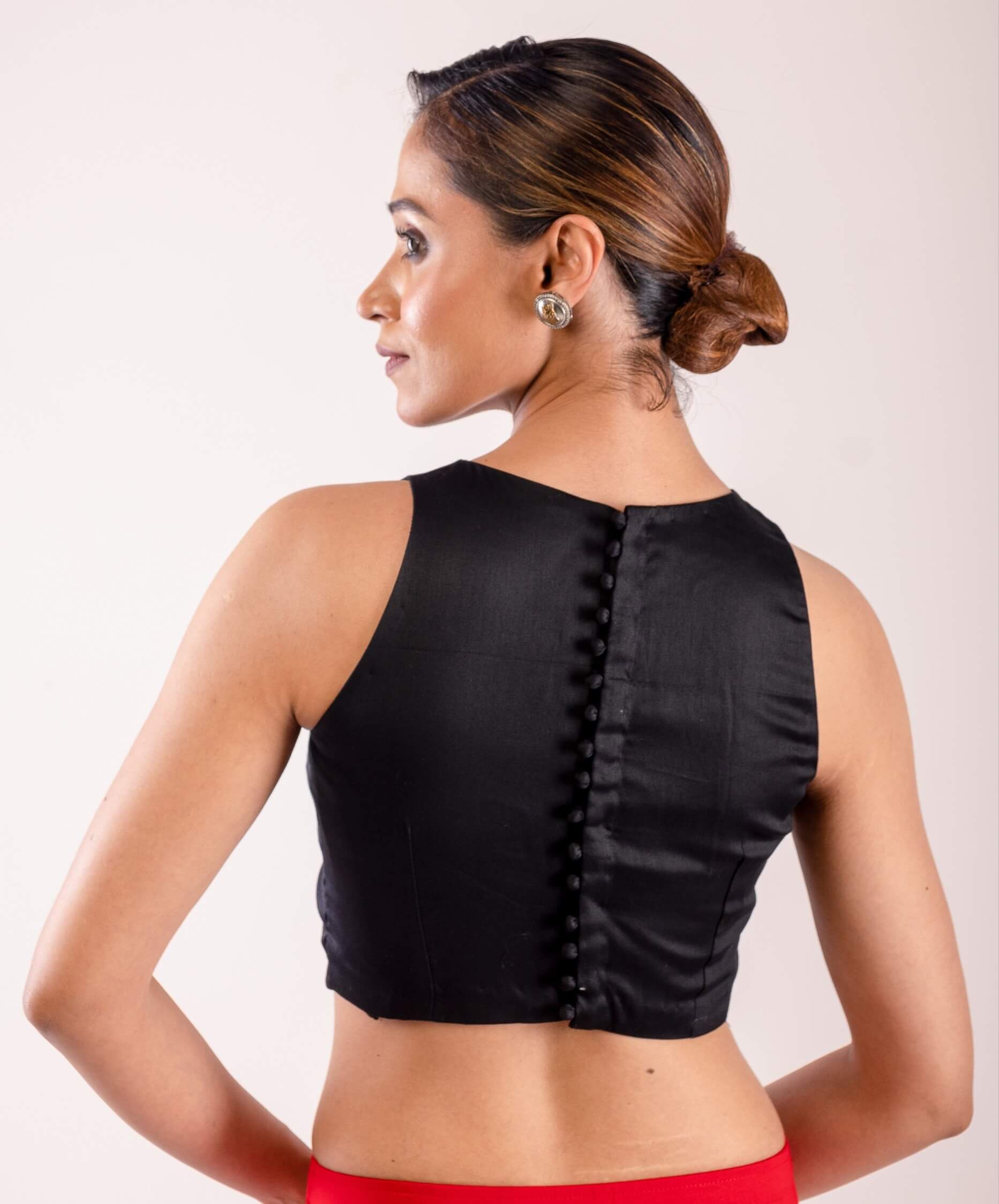 Black Close Neck Sleeveless Blouse in Cotton Silk and Back Closure - Anvi Couture