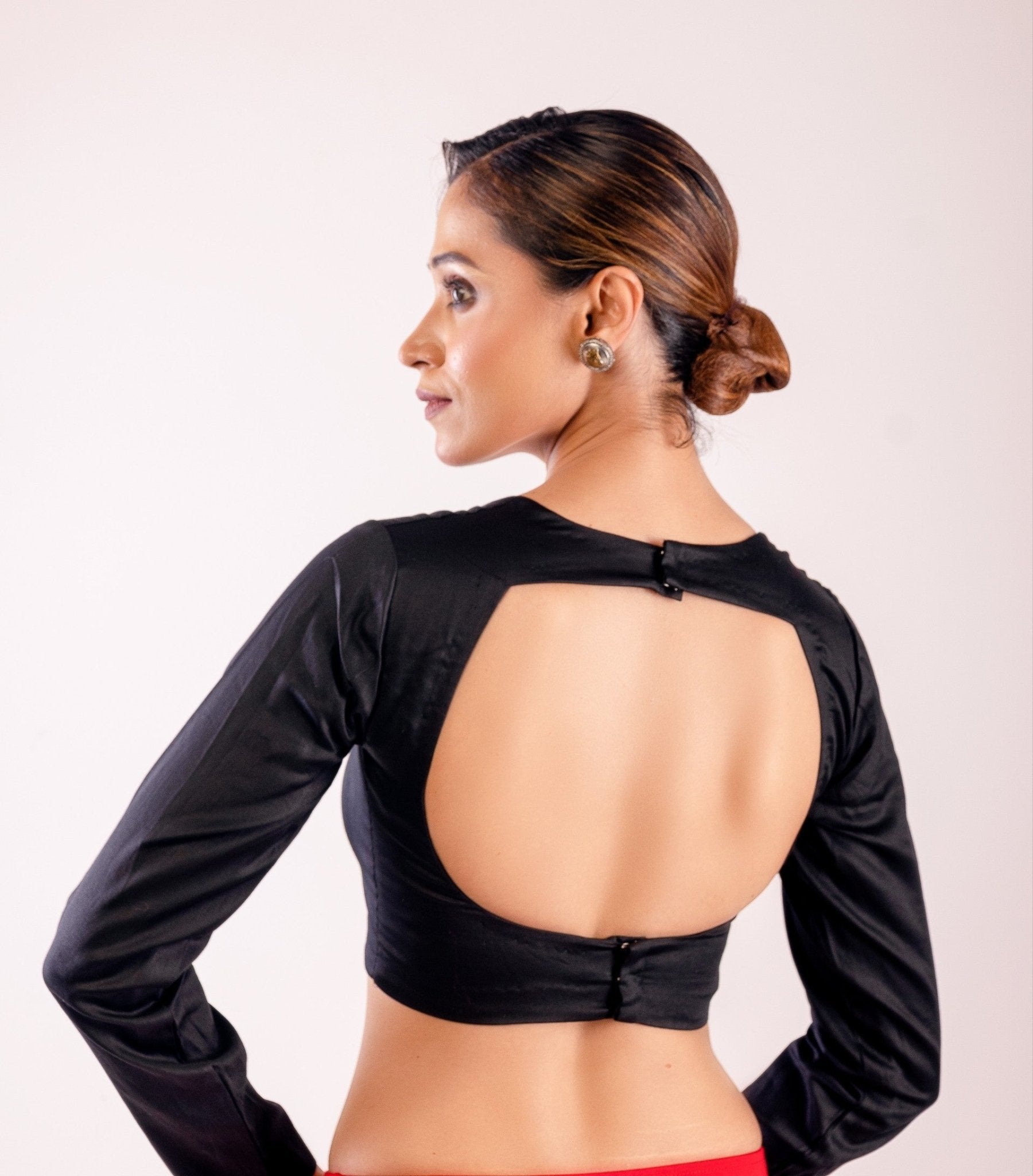 Black Cotton Silk Full Sleeve Blouse with Round Neck and Back Closure - Anvi Couture