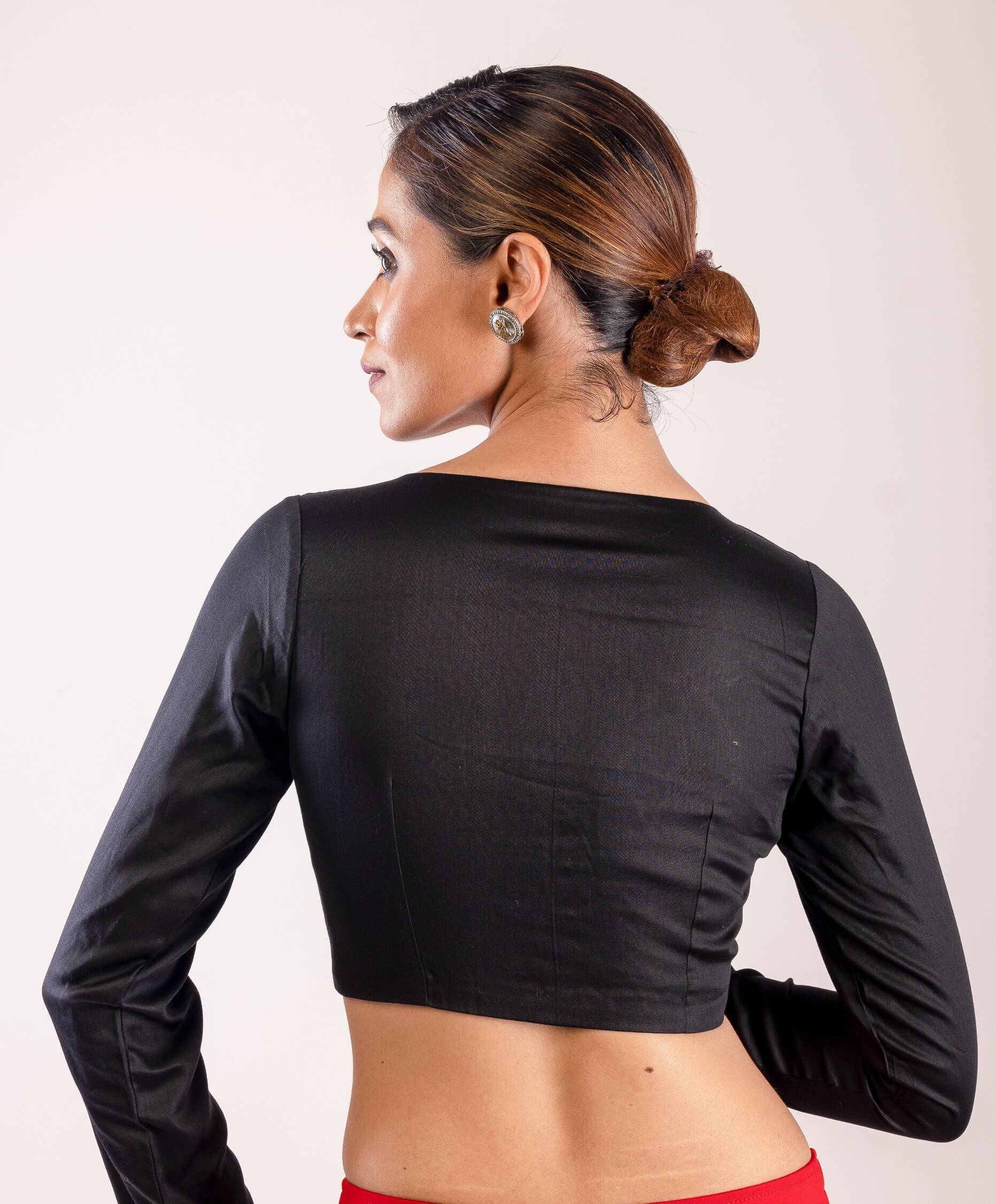 Black Full Sleeve Blouse with Sweetheart Neckline in Cotton Silk and Back Closure - Anvi Couture