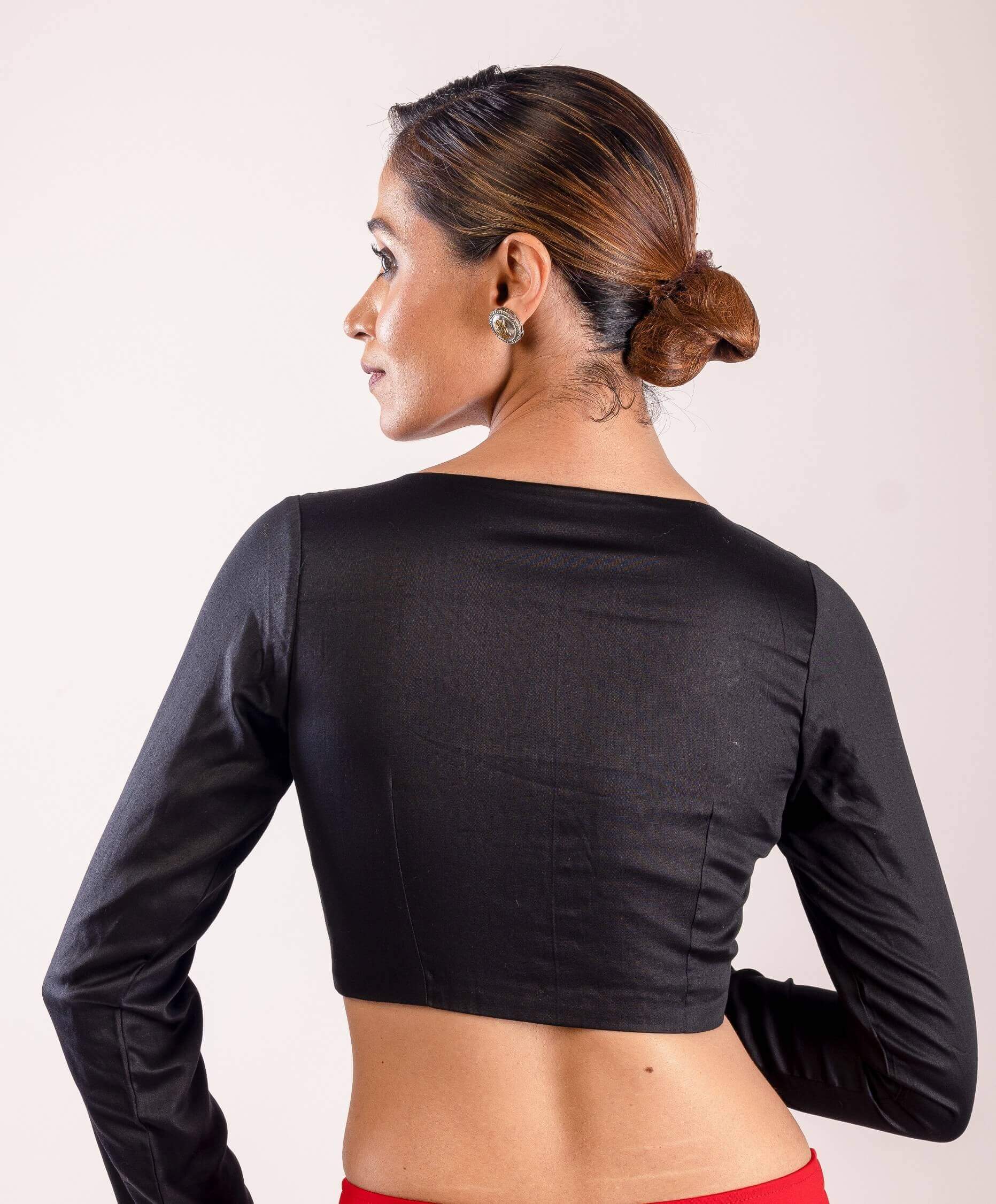 Black Full Sleeves blouse with Sweetheart Neckline - Anvi Couture