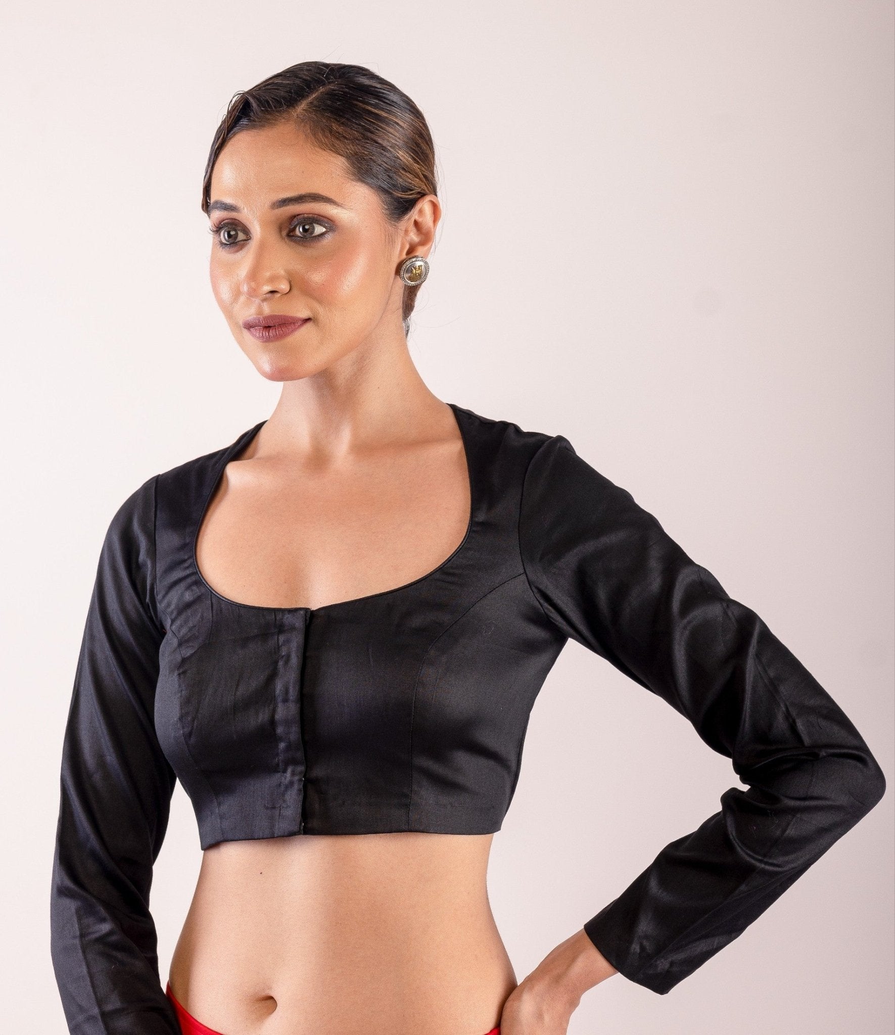 Black Elegant Full Sleeves Blouse with Deep U Neckline - Anvi Couture
