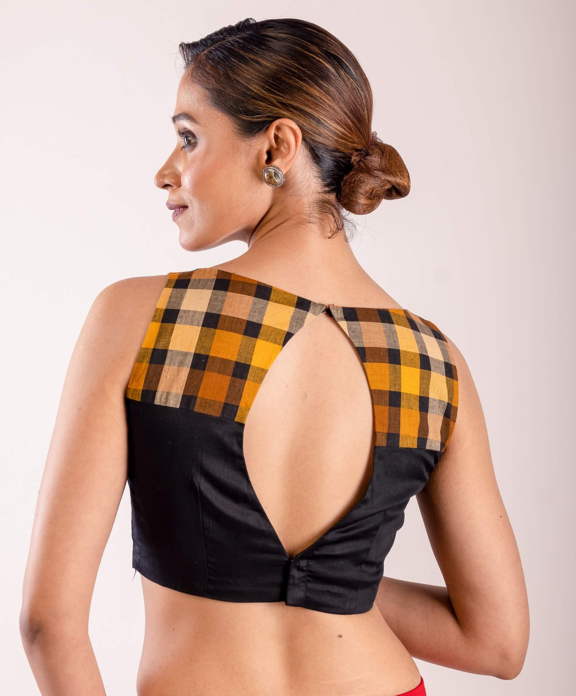 Black Boat Neck Blouse in Cotton Silk with Yellow and Black Check Detailing - Anvi Couture