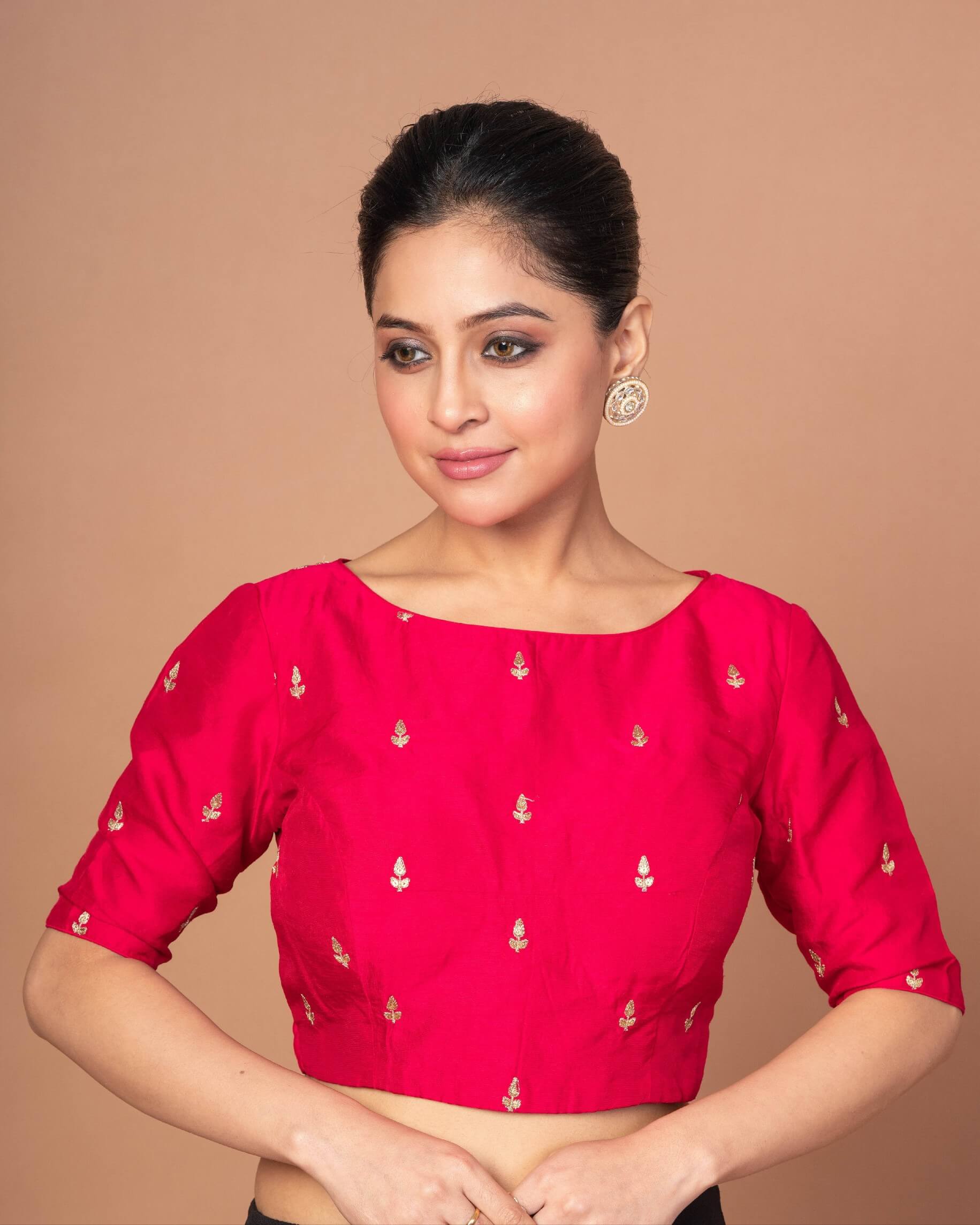 Woman Wearing a Dark Pink Boat Neck Raw Silk Blouse with Square Back cutout: Anvi Couture - Image 1