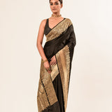 Gold Broad Border Katan Silk Handwoven Banarasi Saree - Image 1