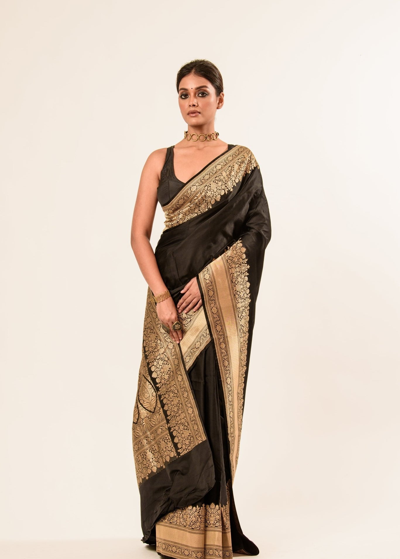 Gold Broad Border Katan Silk Handwoven Banarasi Saree - Image 1