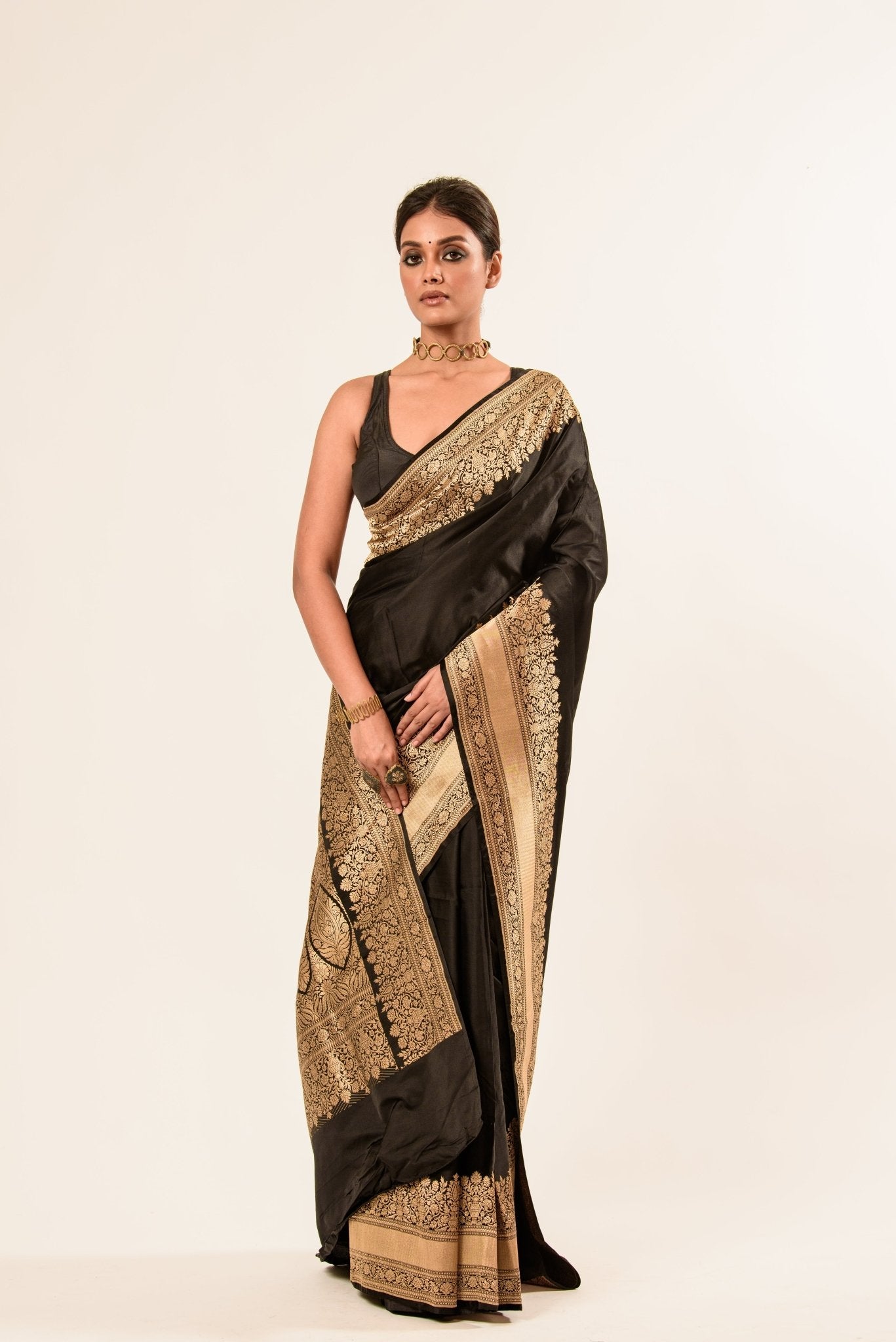 Gold Broad Border Katan Silk Handwoven Banarasi Saree - Image 1
