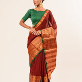 Maroon Color Pure Mangalgiri Handloom Cotton Silk Saree in Gold and Green color Border - Image 1