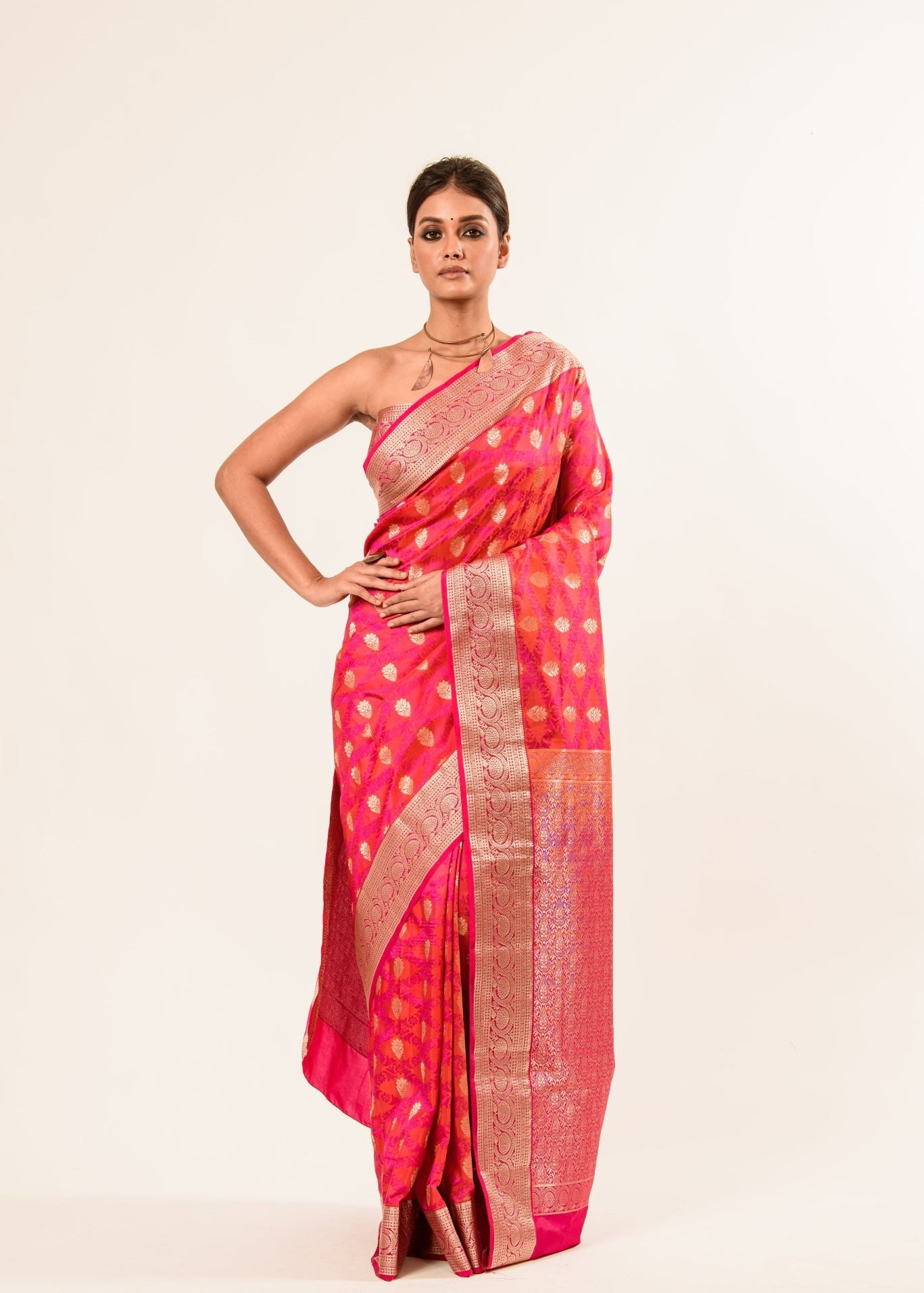 Orange Pink Brocade Katan Silk Handloom Banarasi Saree - Image 1
