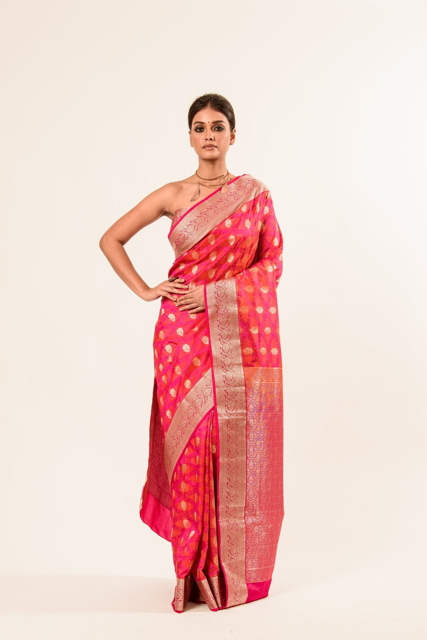 Orange Pink Brocade Katan Silk Handloom Banarasi Saree - Image 1