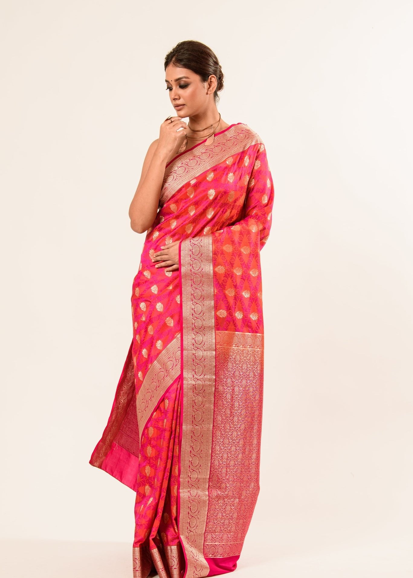 Orange Pink Brocade Katan Silk Handloom Banarasi Saree - Image 3