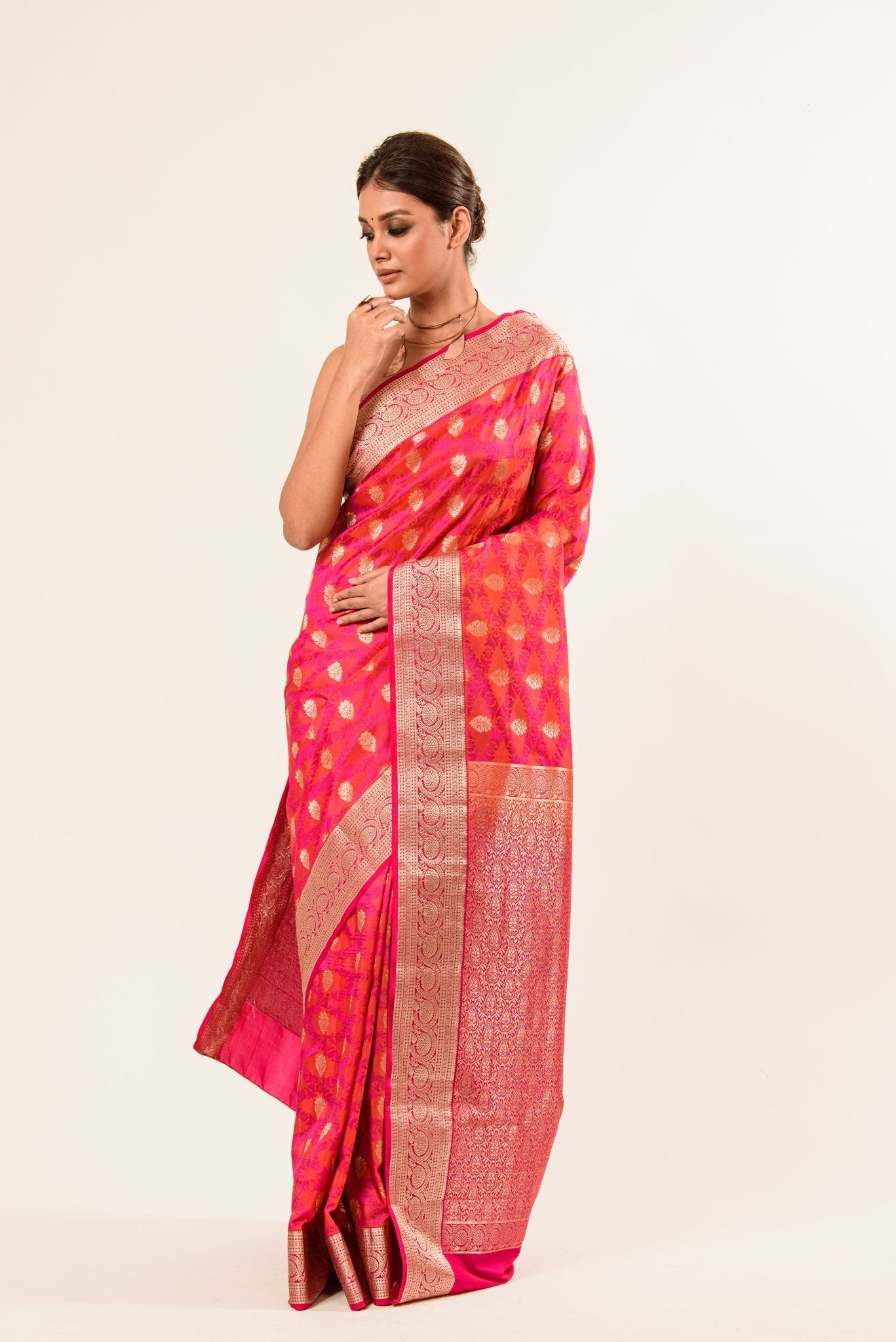 Orange Pink Brocade Katan Silk Handloom Banarasi Saree - Image 3