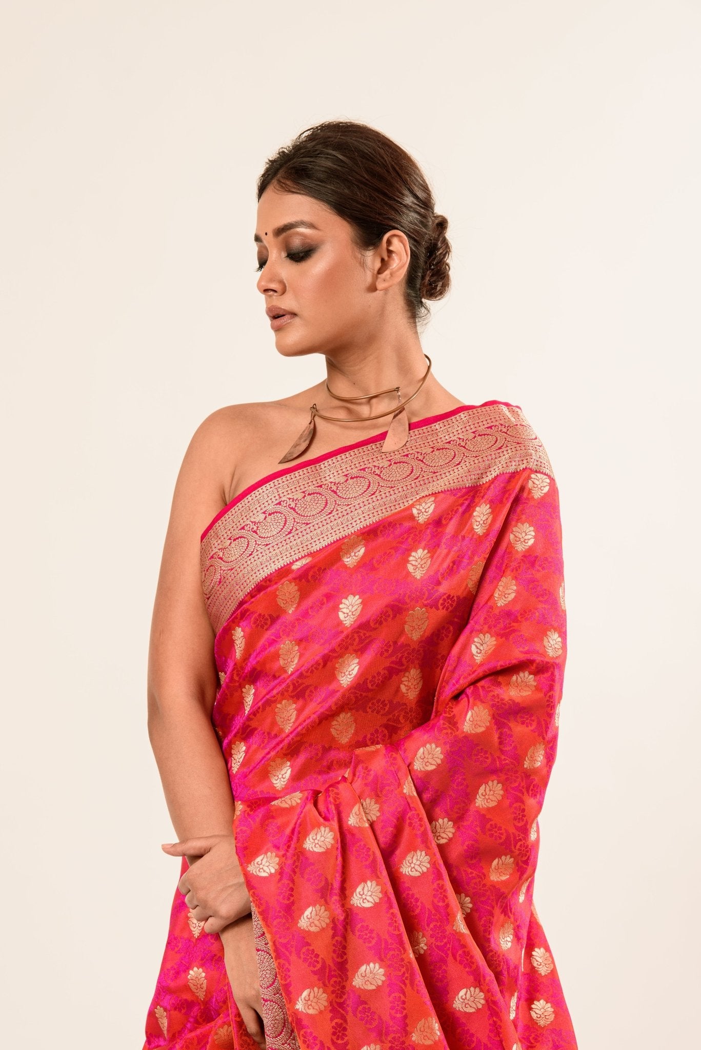 Orange Pink Brocade Katan Silk Handloom Banarasi Saree - Image 4