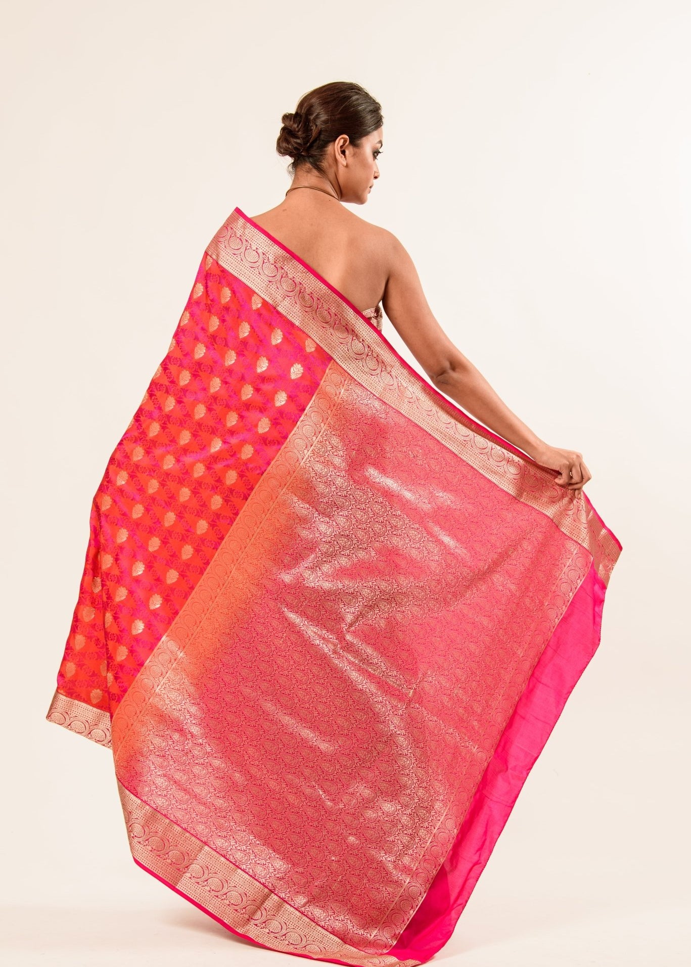 Orange Pink Brocade Katan Silk Handloom Banarasi Saree - Image 2