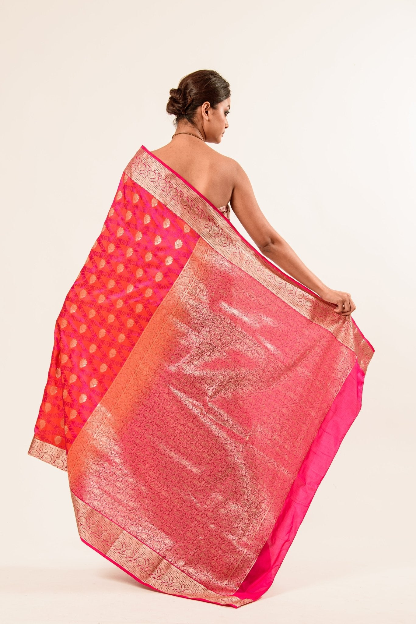 Orange Pink Brocade Katan Silk Handloom Banarasi Saree - Image 2