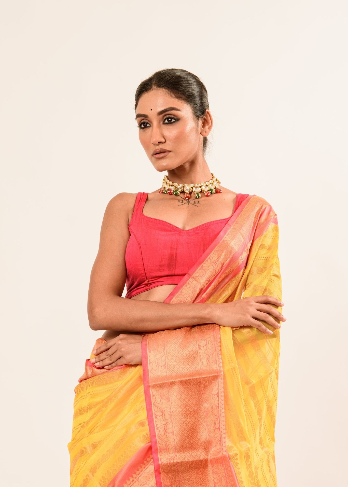 Yellow with Pink and Gold Border Handloom Silk Organza Saree - Anvi Couture