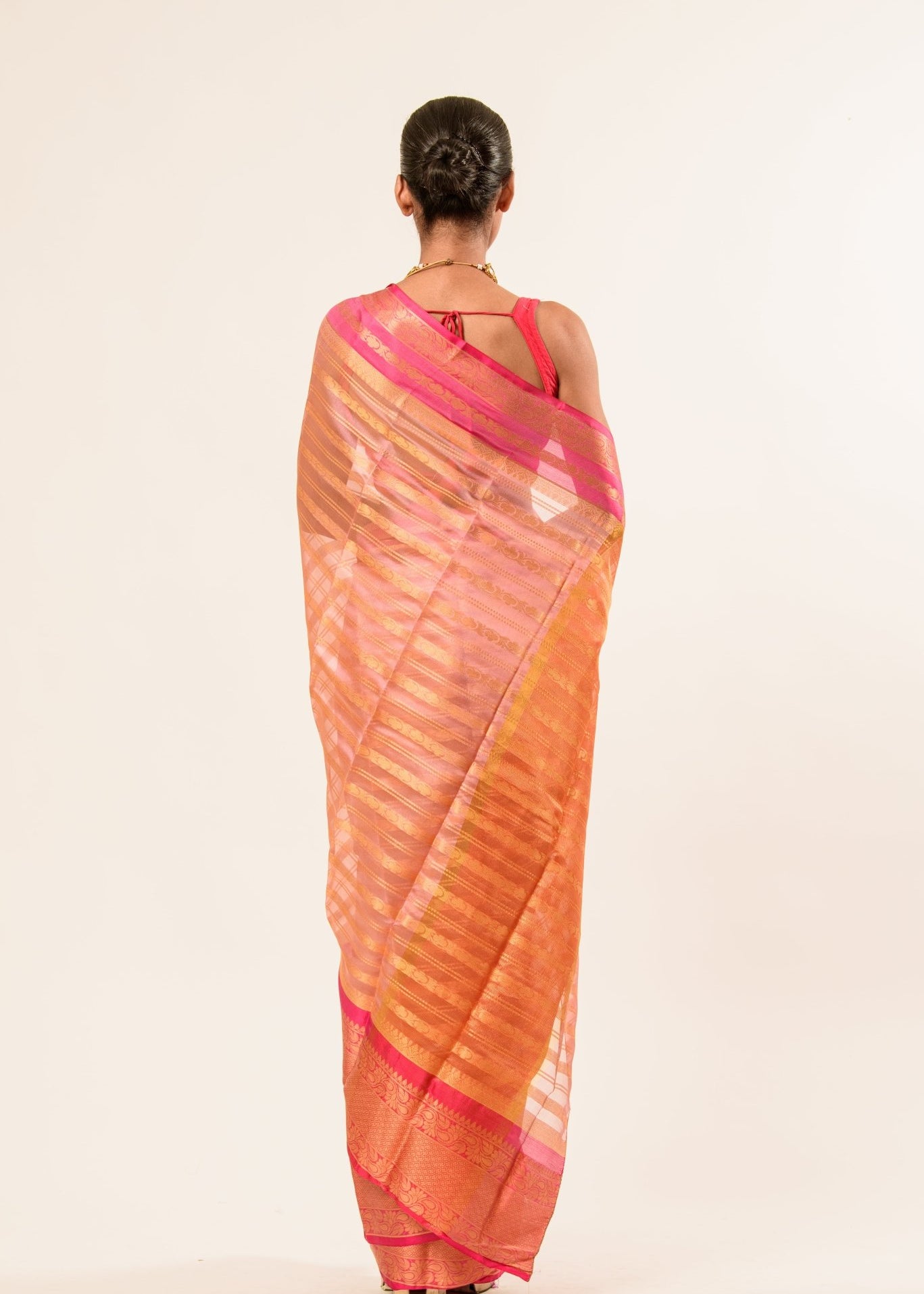 Peach with Pink and Gold Border Handloom Silk Organza Saree - Anvi Couture