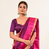 Purple and Pink Kanjivaram Silk Saree With Check Patterns and Mayil Butas - Image 2