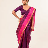 Purple and Pink Kanjivaram Silk Saree With Check Patterns and Mayil Butas - Image 3
