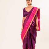 Purple and Pink Kanjivaram Silk Saree With Check Patterns and Mayil Butas - Image 1