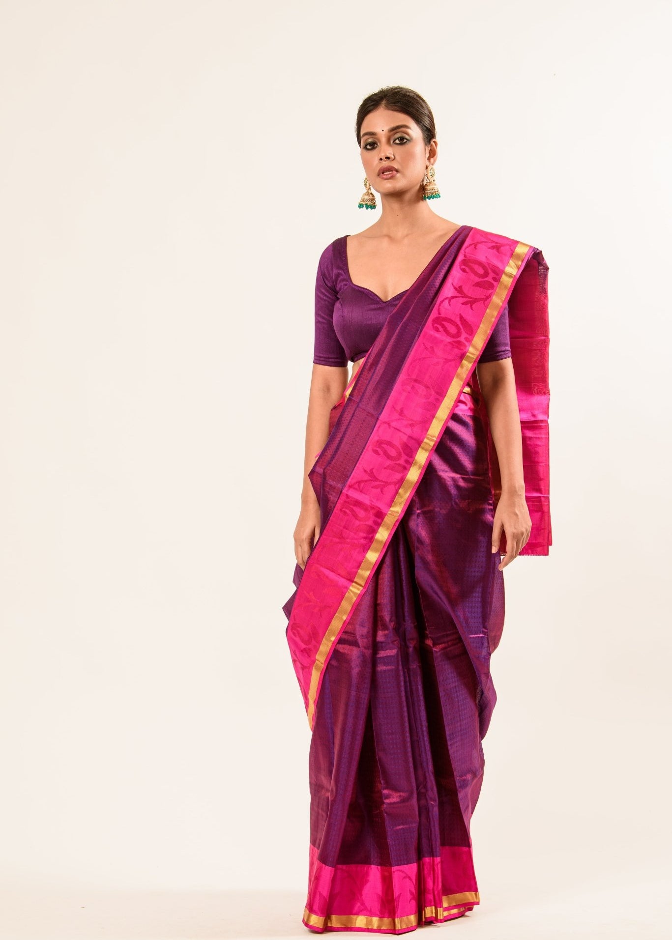 Purple and Pink Kanjivaram Silk Saree With Check Patterns and Mayil Butas - Image 1