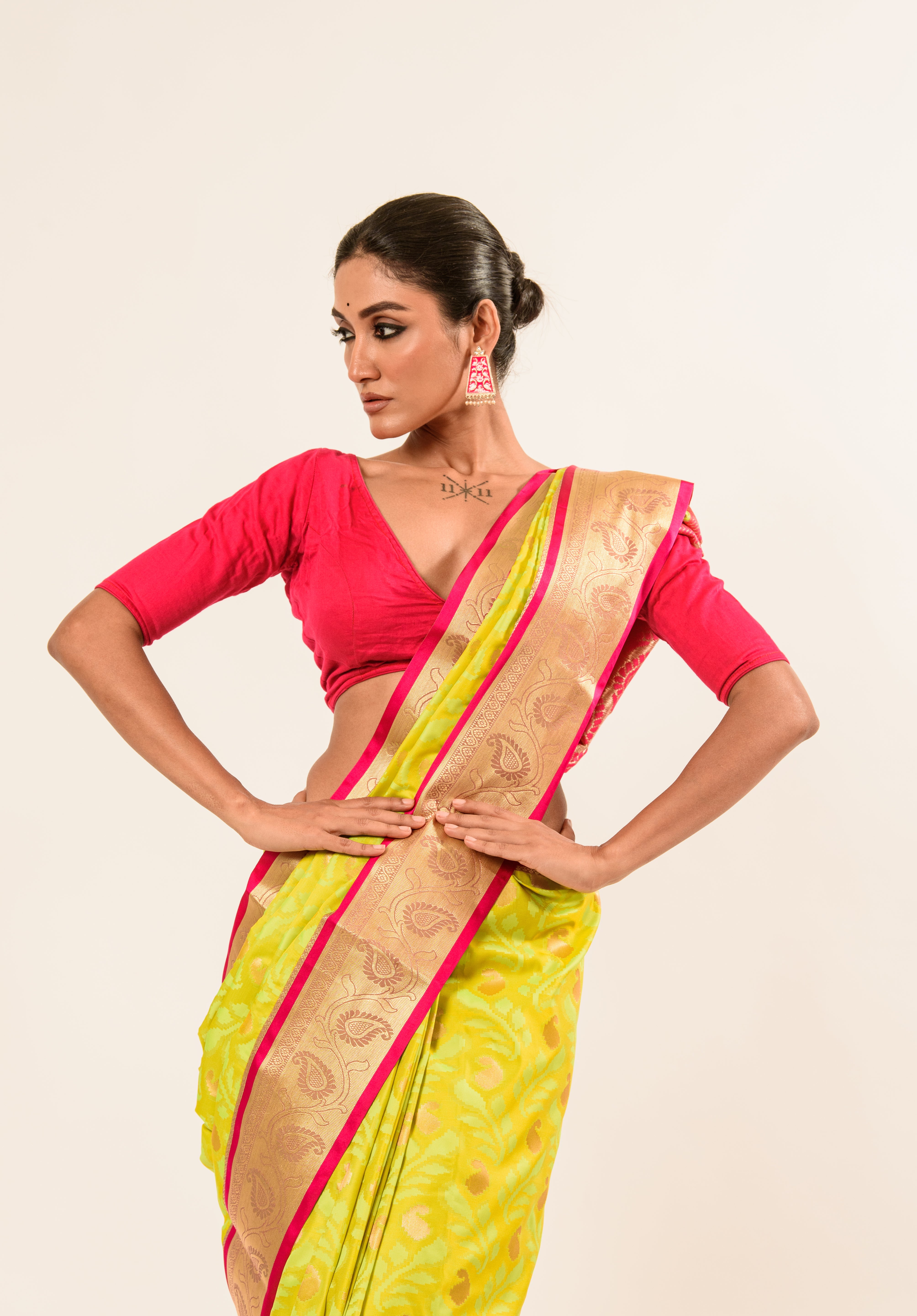Lime Green Kanjivaram Silk Saree with Jaal Floral Buta Design - Image 6