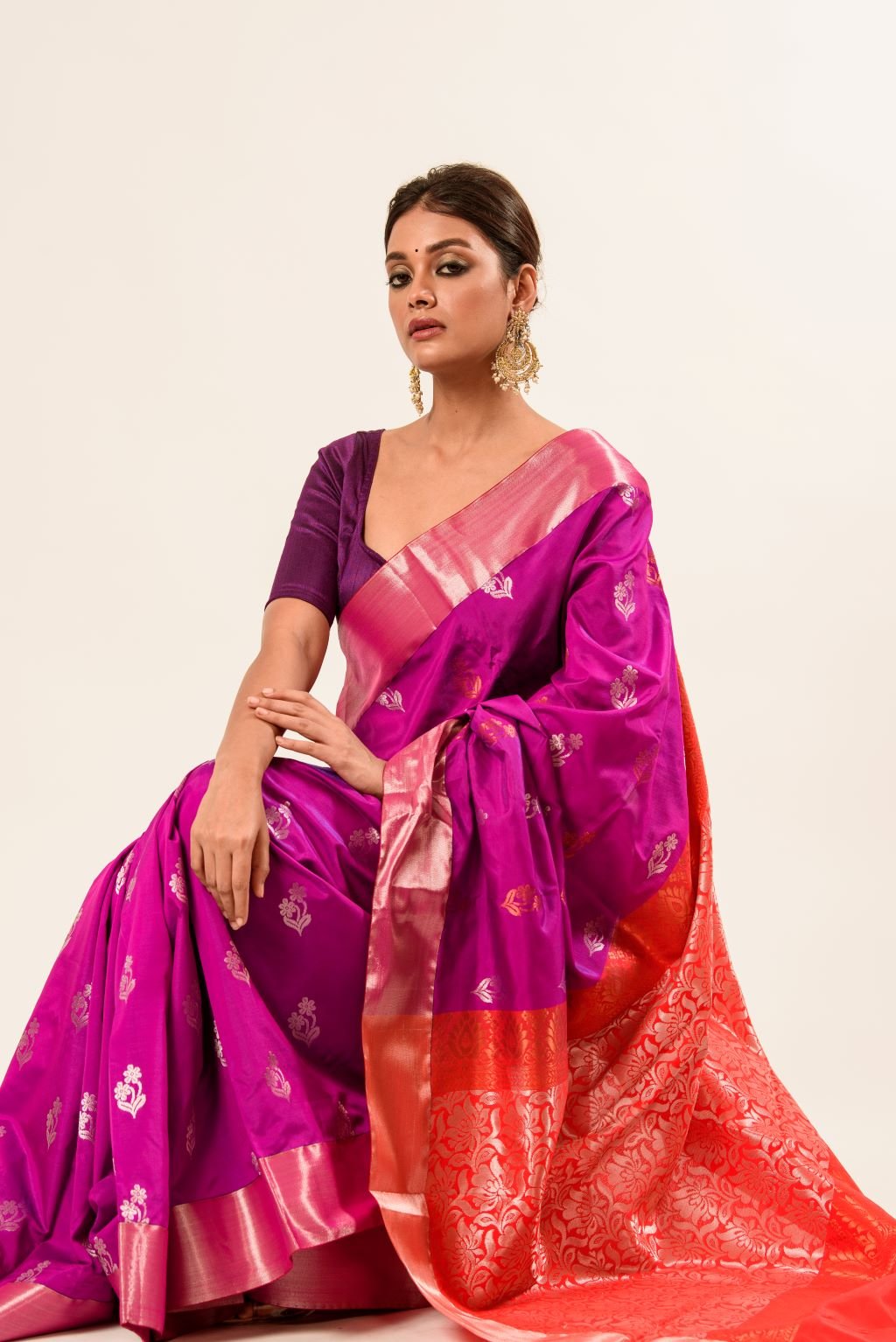 Bangalore Silk Saree in Purple with Red Border - Anvi Couture