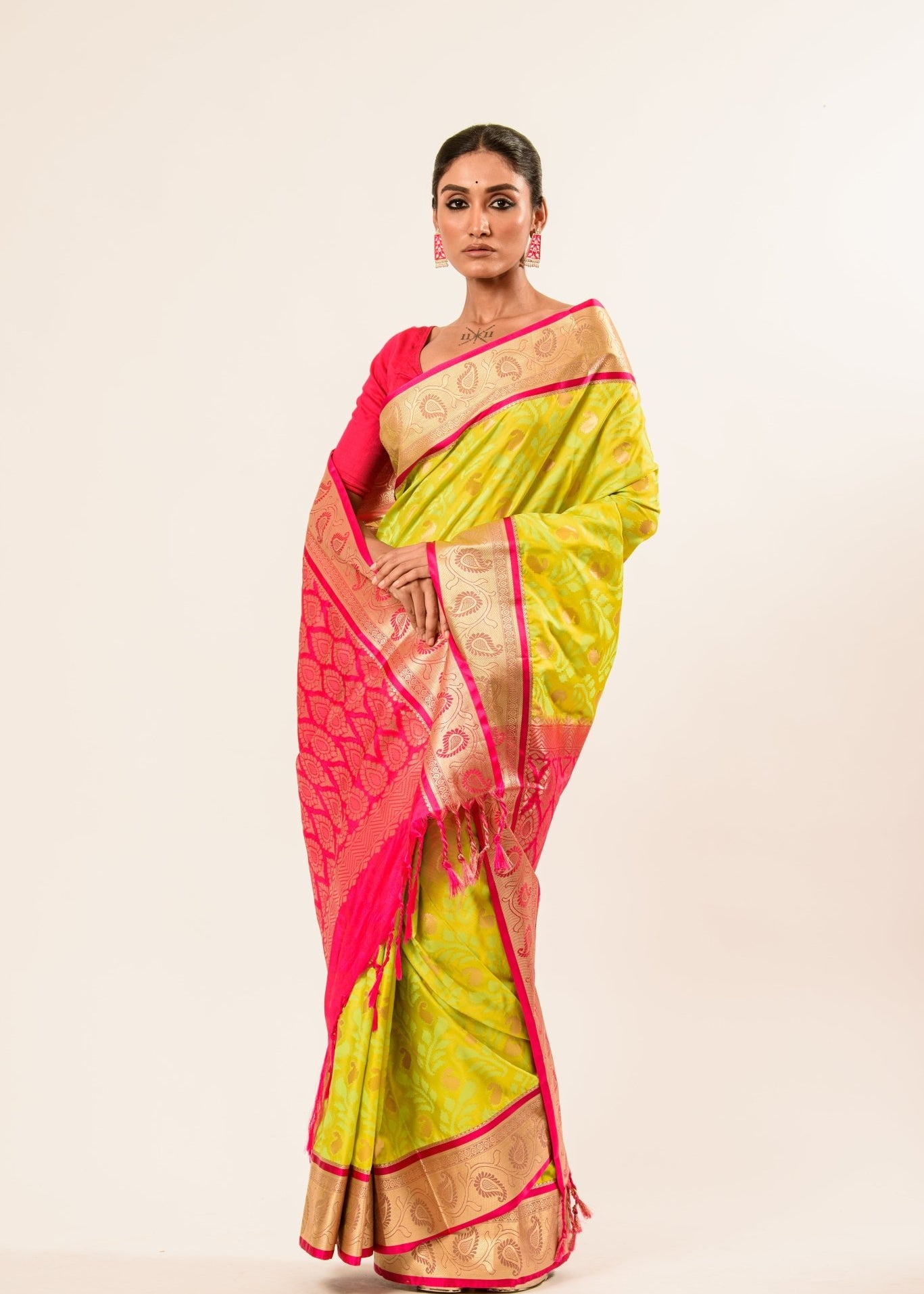 Lime Green Kanjivaram Silk Saree with Jaal Floral Buta Design - Image 1