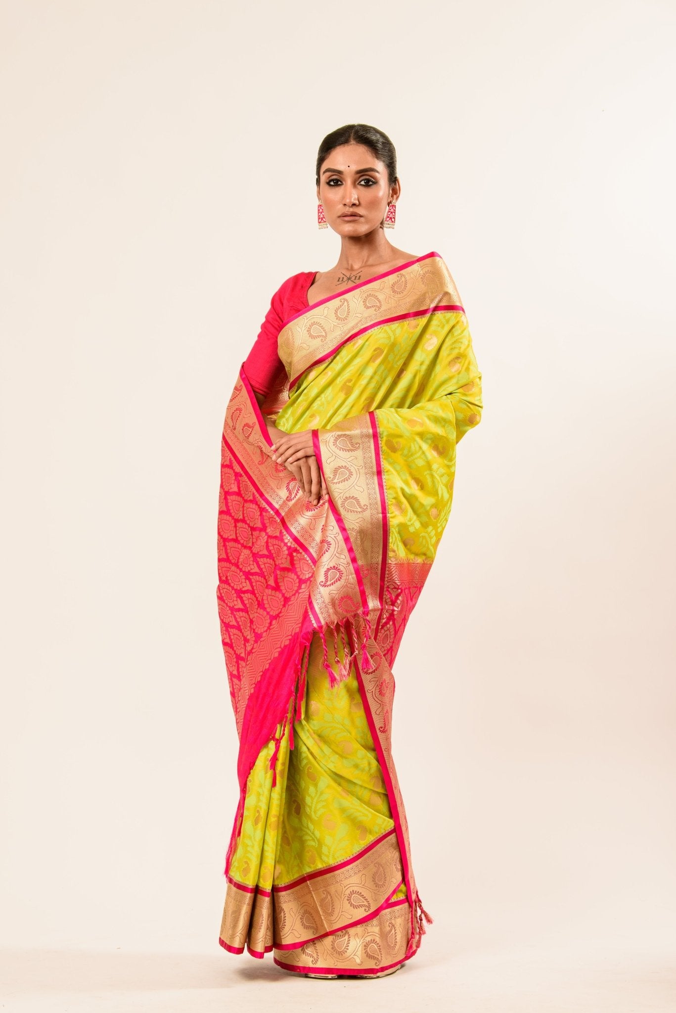 Lime Green Kanjivaram Silk Saree with Jaal Floral Buta Design - Image 1