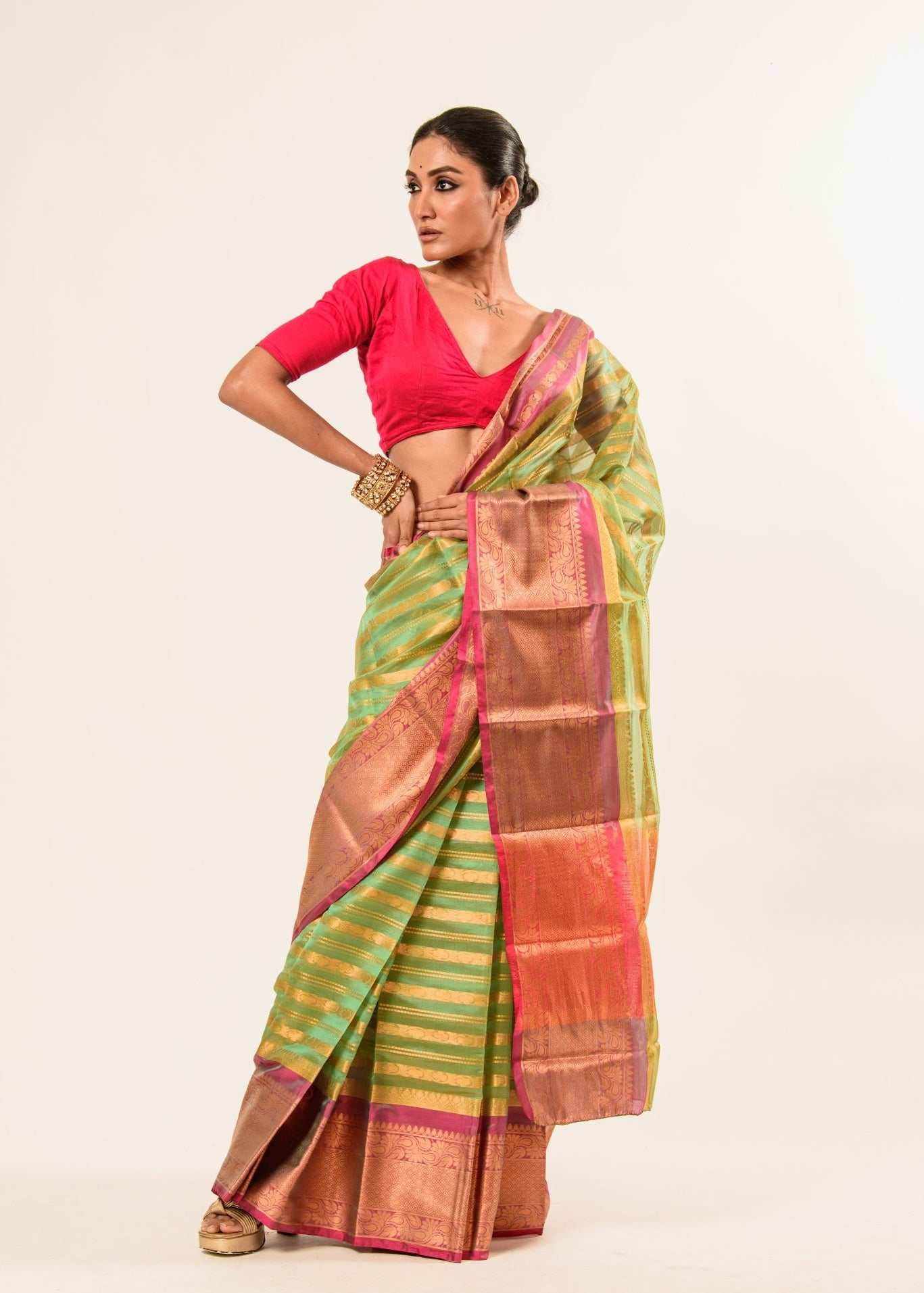 Green Organza Silk Saree with Pink Border and Gold Strip - Image 2