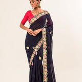 Navy Blue Parsi Gara Saree with Hand Embroidery - Image 1