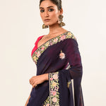 Navy Blue Parsi Gara Saree with Hand Embroidery - Image 3