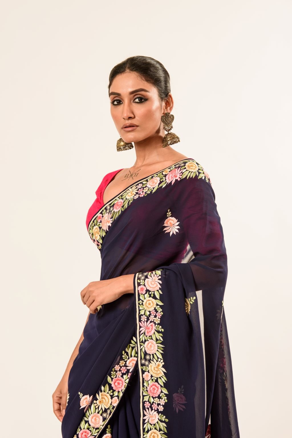 Navy Blue Parsi Gara Saree with Hand Embroidery - Image 3