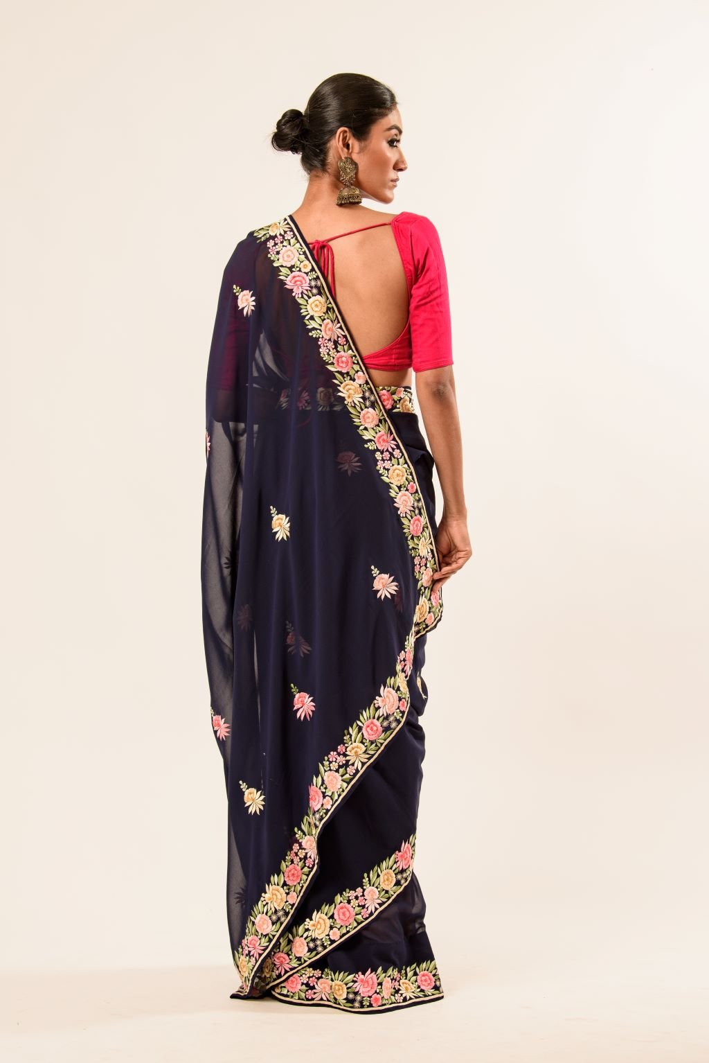 Navy Blue Parsi Gara Saree with Hand Embroidery - Image 2