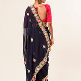 Navy Blue Parsi Gara Saree with Hand Embroidery - Image 2