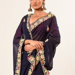 Navy Blue Parsi Gara Saree with Hand Embroidery - Image 4