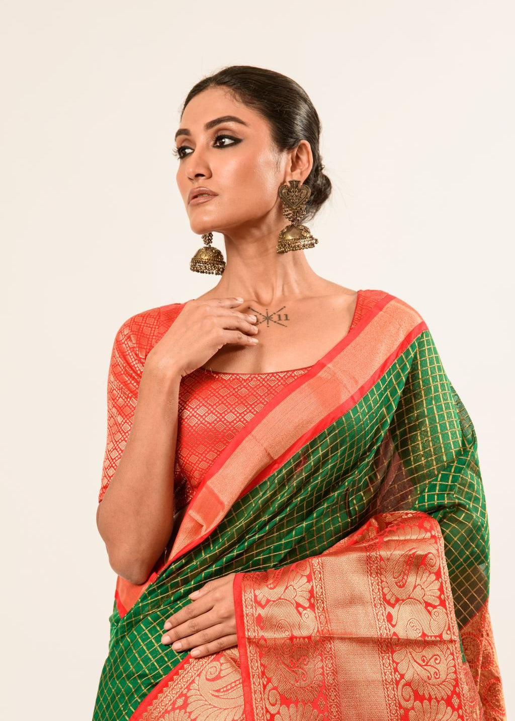 Green Mangalagiri Cotton Silk Zari Check Saree with Red Border - Image 3