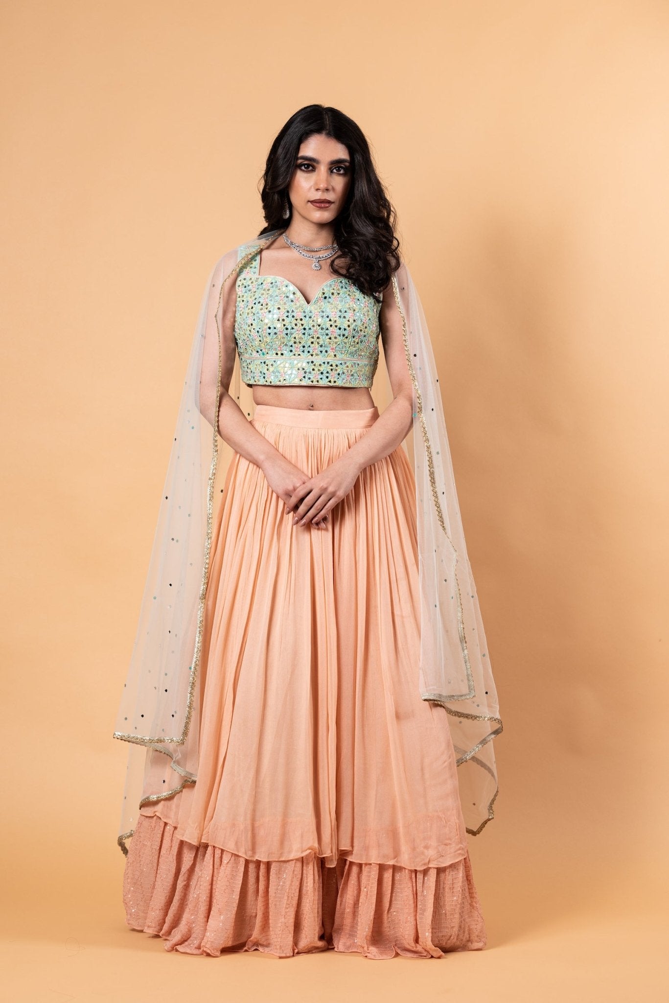 Peach Lehenga Set with Mirror Work Choli and Dupatta - Anvi Couture