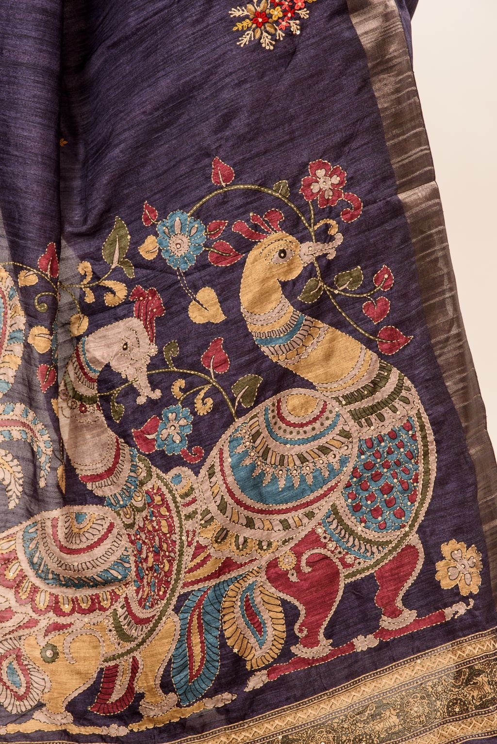 Blue Katha Stitch Gicha Silk Saree