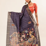 Blue Katha Stitch Gicha Silk Saree