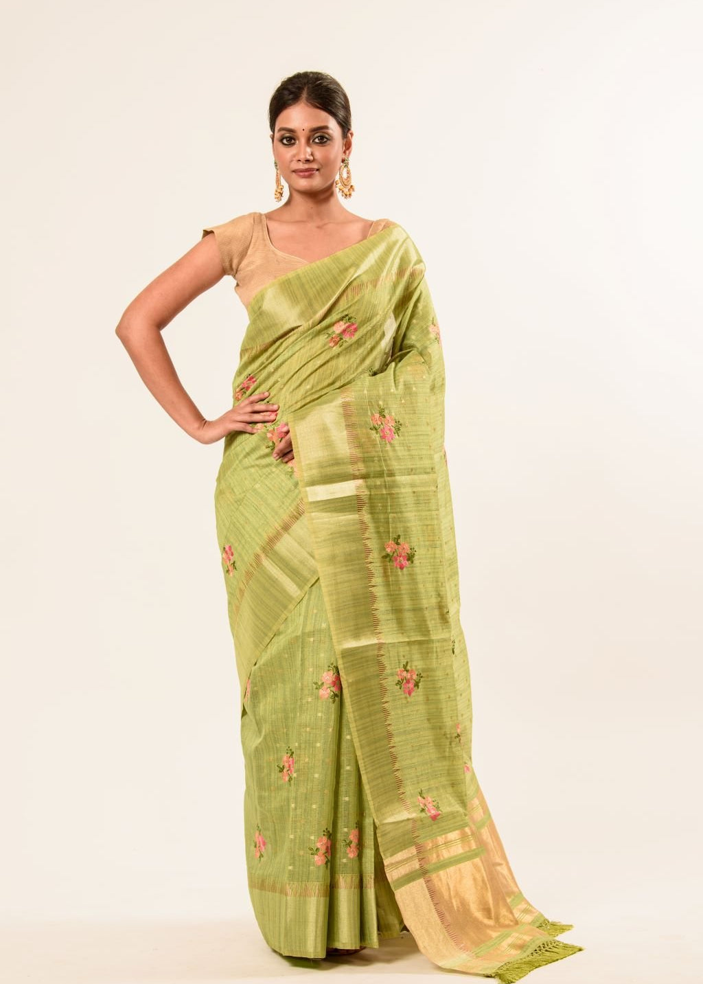 Light Green Embroidered Linen Saree with Unstitch Blouse - Image 1
