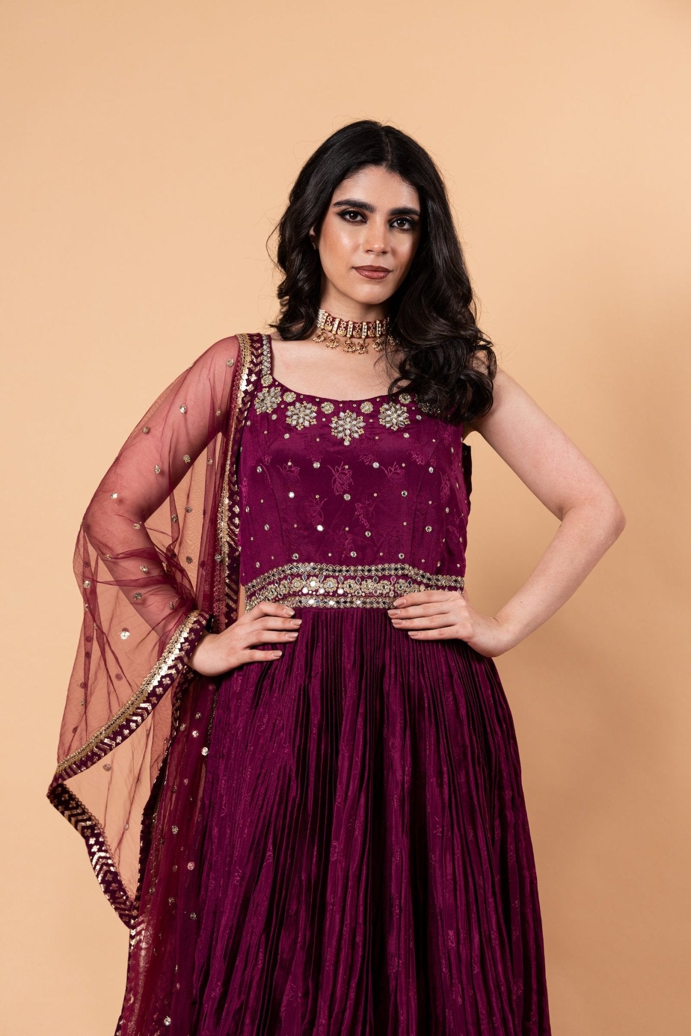 Wine Purple Embroidered Embellishment Silk Gown - Anvi Couture